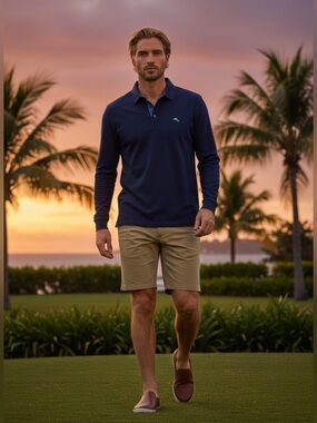 Tommy Bahama IslandZone Polo Shirt Mens L Blue Long Sleeve Supima Cotton Stretch